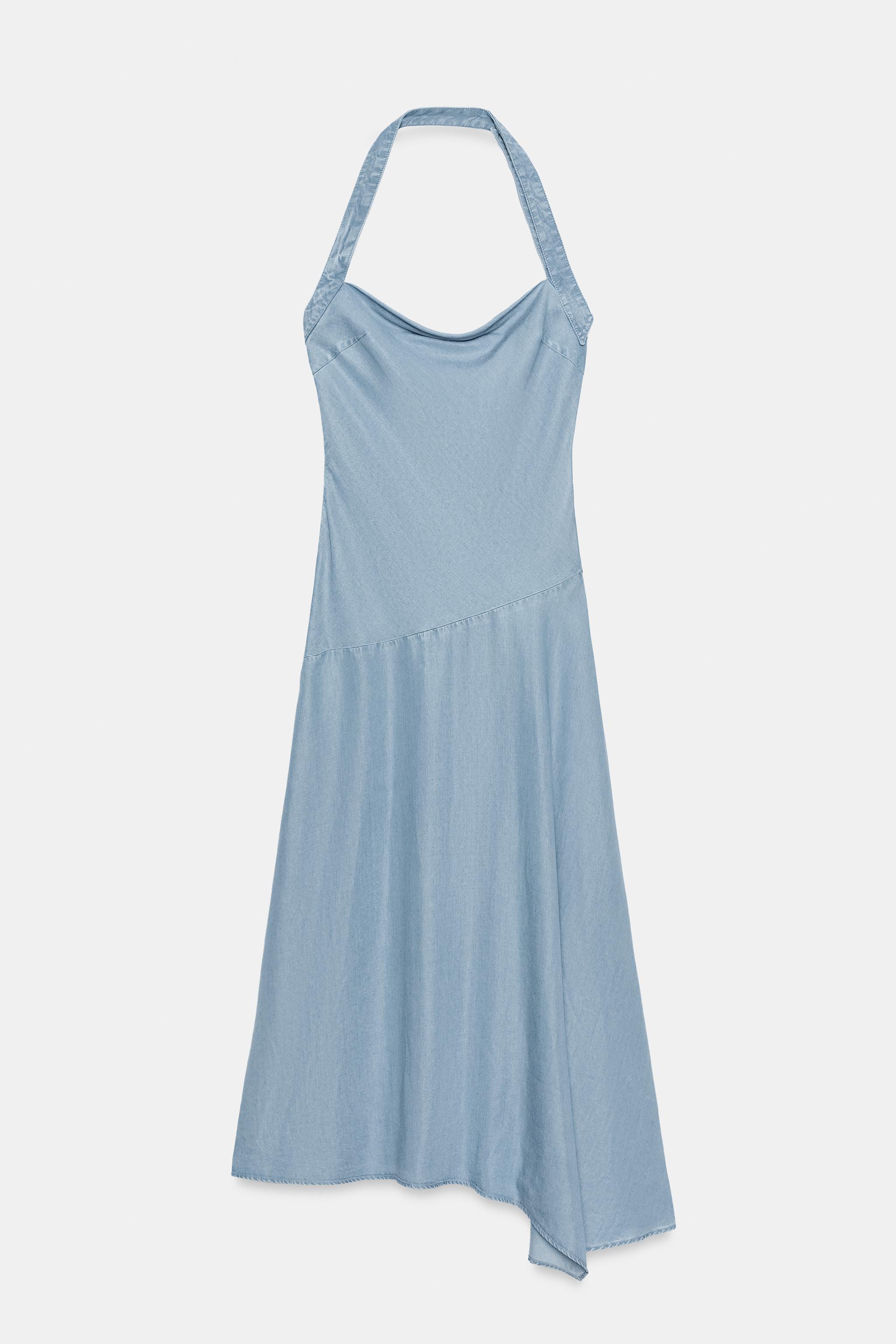 ASYMMETRIC TRF HALTER DENIM DRESS
